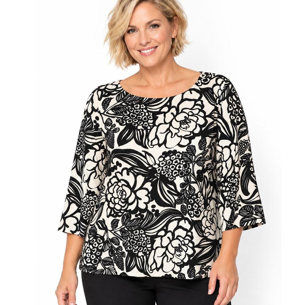 Talbots Floral Textured Top Womens Size 2XP Black White Bateau Neck Knit Top 2X